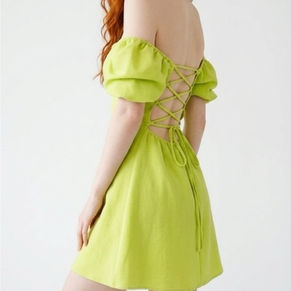 Off-Shoulder Lace-Up Back Lime Green Mini Dress